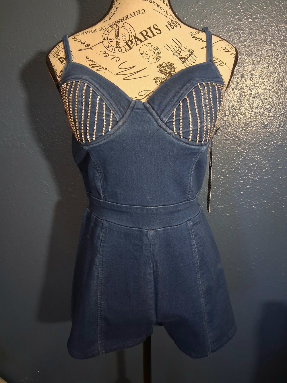Haute Monde Embellished Dark Blue Denim Romper Large NWOT